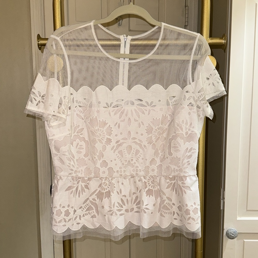 BCBGMaxAzria White Lace Peplum Blouse